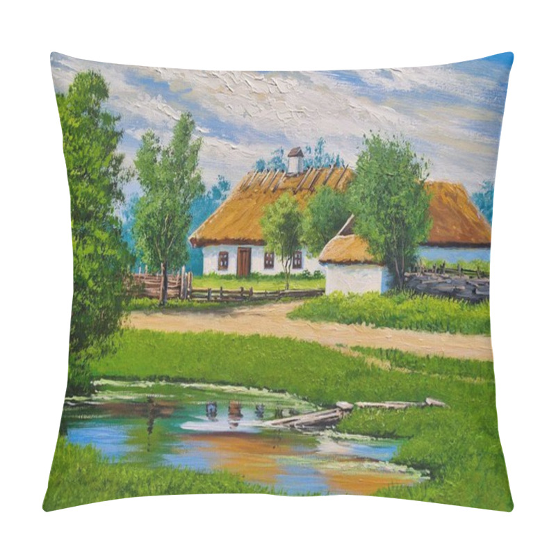 Personality  Oil Paintings Rural Landscape With A Pond And A House, Artwork, Fine Art. Old Village, House On The Lake Pillow Covers