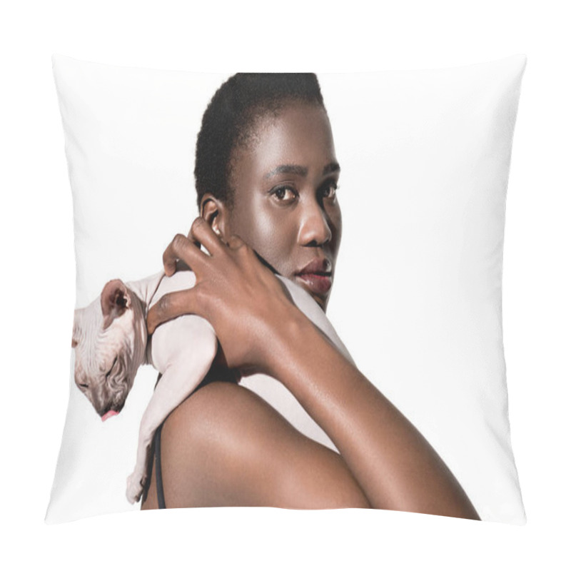 Personality  Beautiful Young African American Woman Holding Sphynx Cat And Looking At Camera Isolated On White Pillow Covers