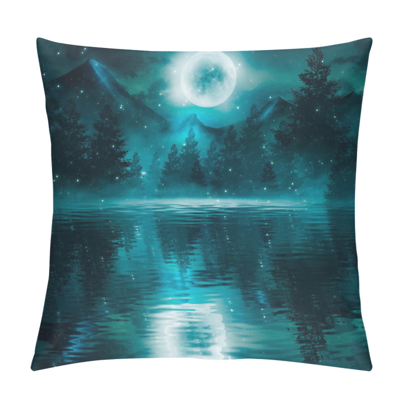 Personality  Dark Cold Futuristic Forest. Dramatic Sccna With Trees, Big Moon, Moonlight. Smoke, Shadow, Smog, Snow. Night Forest Landscape Reflection In The River, Sea, Ocean. Pillow Covers