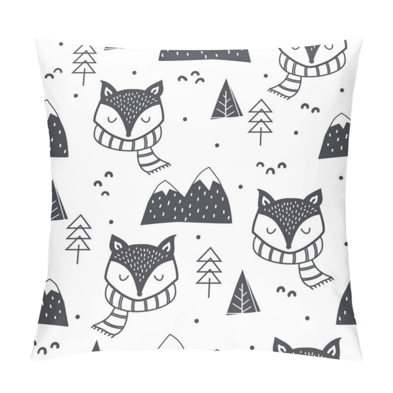 Personality  Cute Hand Drawn Seamless Pattern With Fox, Forest Elements And Snowy Mountains. Childish Cartoon Animals Background. Design For Fabric, Wrapping, Textile, Wallpaper And More Pillow Covers