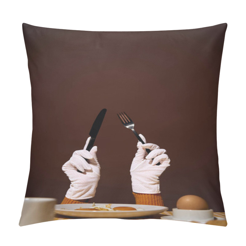 Personality  A Pair Of Gloved Hands Holding A Knife And Fork, Poised Over A Plate Of Food. Pillow Covers