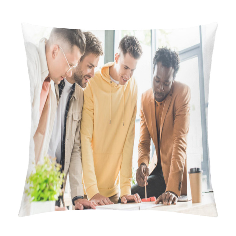 Personality  Four Multicultural Businesspeople Standing At Desk While Working On Startup Project Together In Office Pillow Covers