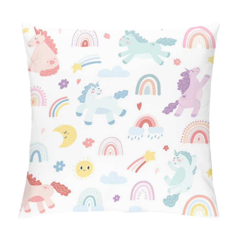 Personality  Set Of Cute Unicorns, Scandinavian Rainbows, Moon, Stars, Sun In Cartoon Flat Style. Vector Illustration Of Baby Horse, Colorful Pony Animal For Fabric Print, Apparel, Children Textile Design, Card. Pillow Covers