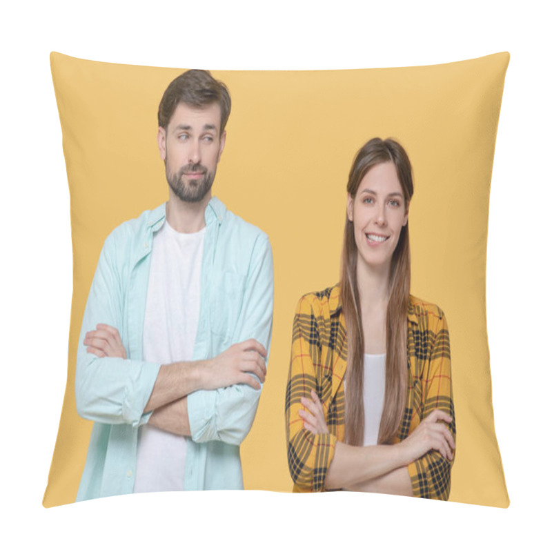 Personality  Cute Young Guy And Girl Standing In Identical Poses. Pillow Covers