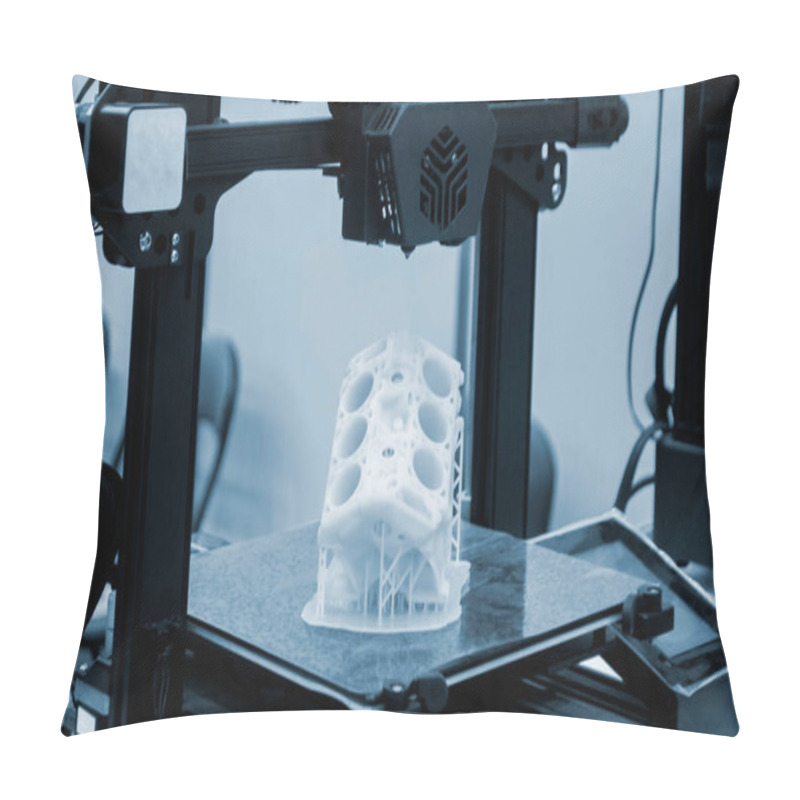 Personality  Prototype Of Car Engine Printed On 3D Printer From Molten White Plastic On Working Surface 3D Printer. Three-dimensional Model. Additive Progressive Modeling Technology. Modern New Printing Industry. Pillow Covers