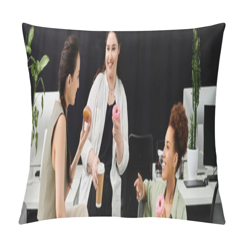 Personality  Three Stylish Colleagues Enjoy Coffee And Donuts, Laughing During A Break At Work. Pillow Covers