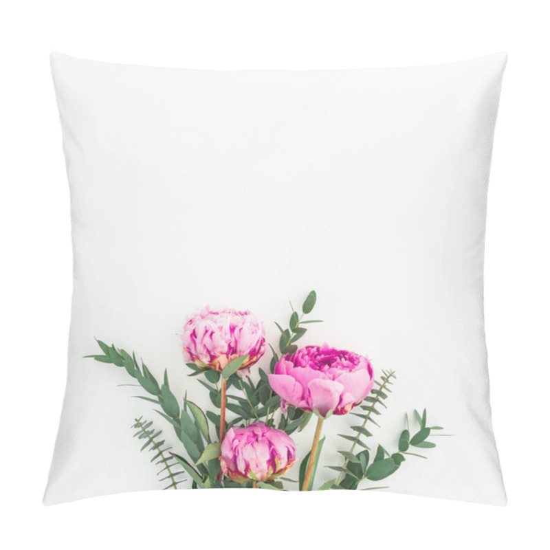 Personality  Bouquet Of Pink Peonies, Hypericum And Eucalyptus Branches On White Background. Flat Lay, Top View Pillow Covers