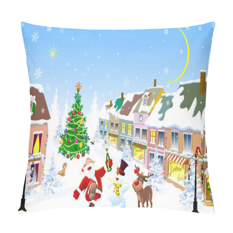 Personality  City Street In The Winter Christmas Night. Santa, Deer And Snowman Happily Greet Christmas.  Christmas Tree. Houses Covered With Snow. Winter Night On Christmas Eve. Pillow Covers