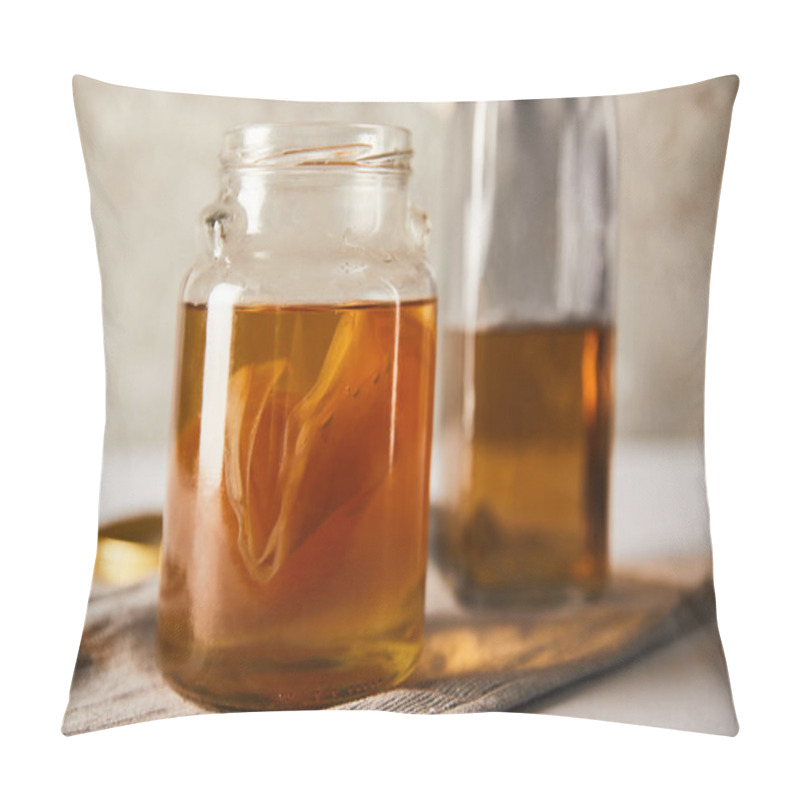 Personality  Selective Focus Of Jar With Kombucha Near Bottle On Grey Napkin Pillow Covers