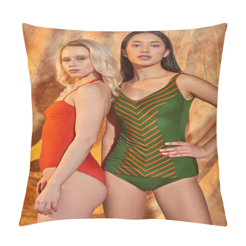 Personality  Pretty Multiethnic Women In Swimwear Posing On Beige Backdrop With Drapery, Diversity And Fashion Pillow Covers