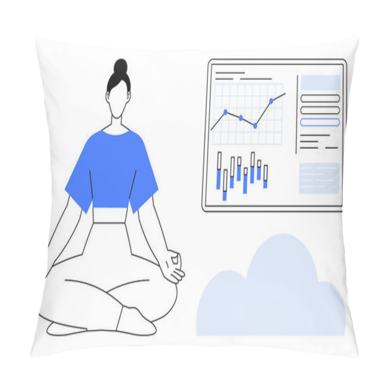 Personality  Woman Meditating In Lotus Position Beside Chart With Line And Bar Graphs. Ideal For Wellness, Workplace Balance, Stress Management, Productivity, Mental Health, Data Analysis, Remote Work. Line Pillow Covers