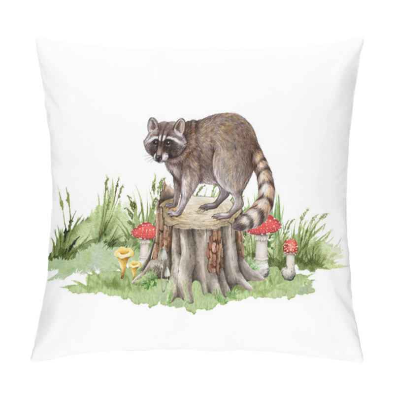 Personality  Raccoon On The Tree Stump. Hand Drawn Illustration. Forest Wildlife Scene. Cute Raccoon Standing On The Tree Stump With Green Grass And Forest Mushrooms. Wildlife Animal In Natural Environment. Pillow Covers