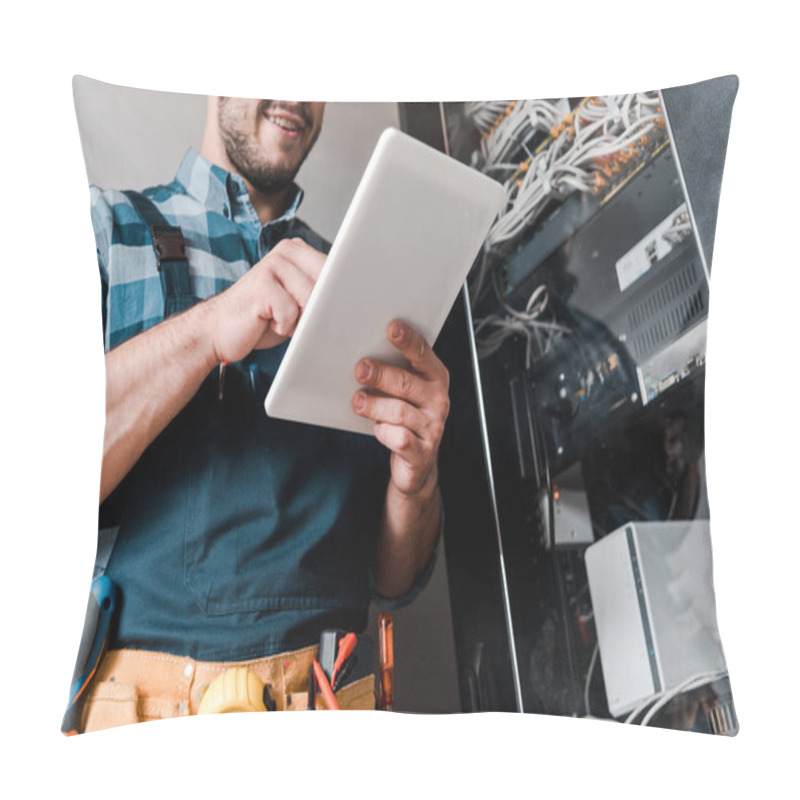 Personality  Cropped View Of Happy Bearded Technician Using Digital Tablet  Pillow Covers