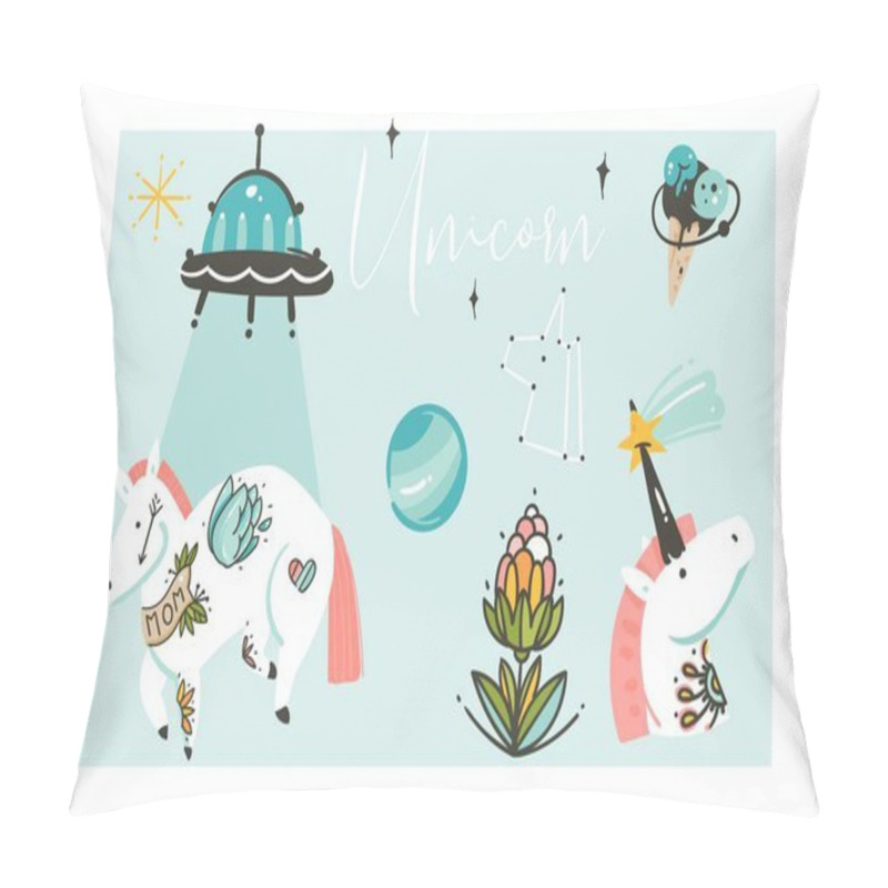 Personality  Hand Drawn Vector Abstract Graphic Creative Artistic Cartoon Illustrations Collection Set With Unicorns With Old School Tattoo,flowers,galaxy Planets And Ufo Spaceship Isolated On White Background Pillow Covers