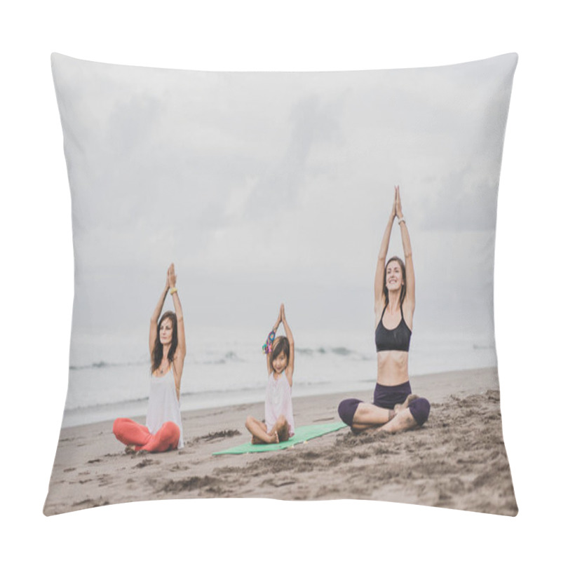 Personality  Two Women And Little Child Practicing Yoga On Seashore On Cloudy Day, Lotus Pose (padmasana) With Namaste Mudra Pillow Covers