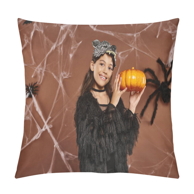 Personality  Preteen Girl Holding Pumpkin In Her Hands Aside On Spiderweb Brown Backdrop, Halloween Concept Pillow Covers