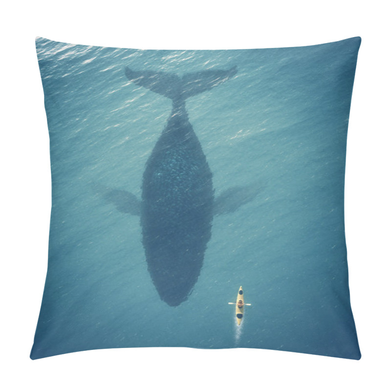 Personality  Man In A Boat Floats Next To A Big Fish, Whale. Pillow Covers