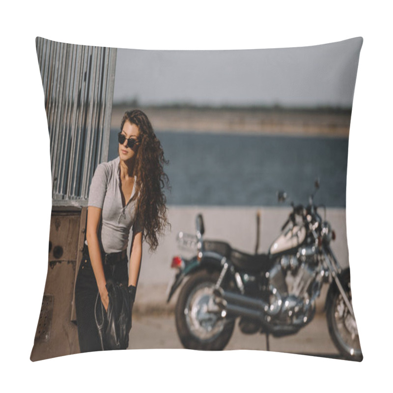 Personality  Beautiful Girl In Sunglasses Posing On Quay With Cruiser Motorcycle On Background Pillow Covers