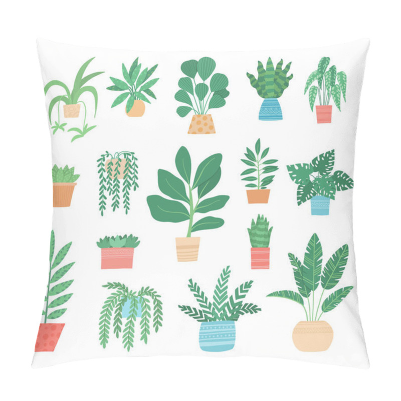 Personality  Set Of Different Tropical House Plant. Ficus, Monstera, Protea, Pellaea, Succulent In Various Pot, Vase. Scandinavian Cozy Home Decor. Flat Vector Cartoon Illustration Isolated On White Pillow Covers