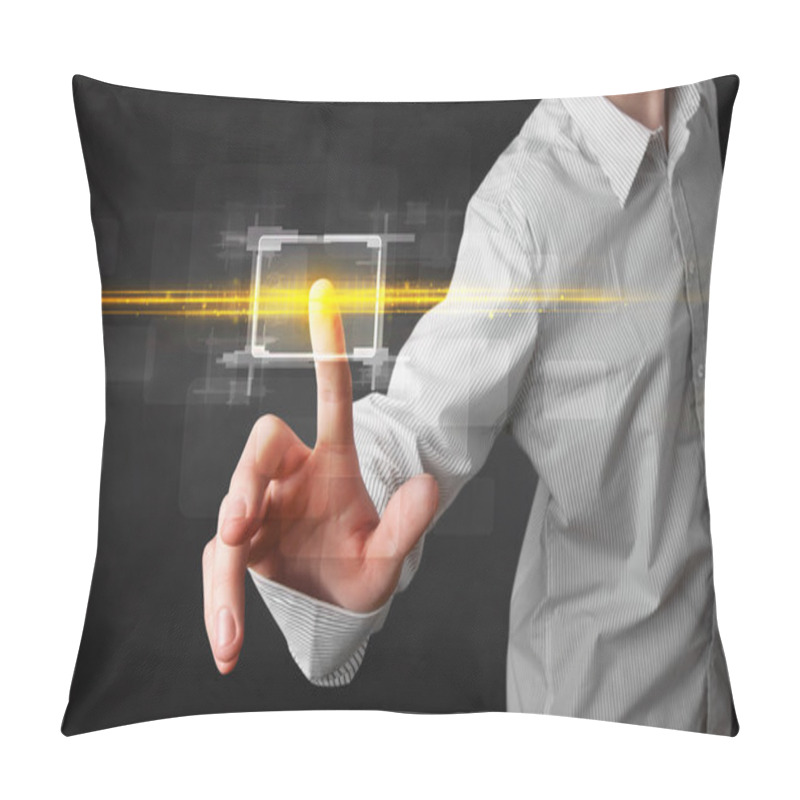 Personality  Tech Business Person Touching Button With Orange Light Beams Con Pillow Covers