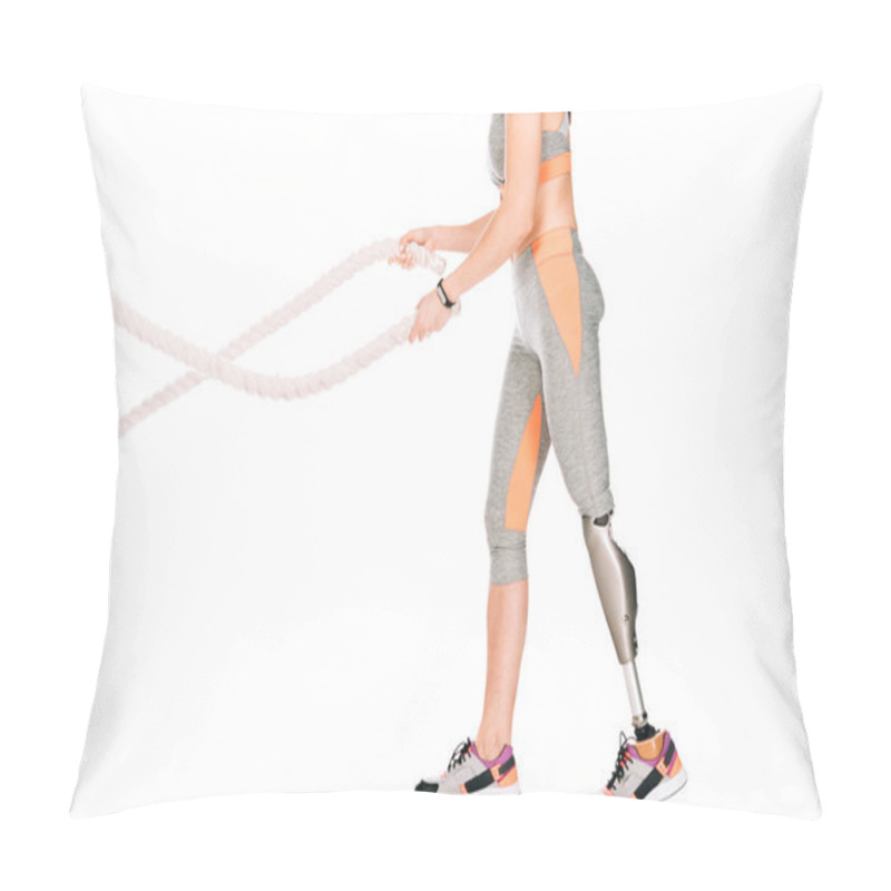 Personality  Cropped View Of Disabled Sportswoman With Prosthetic Leg Training With Ropes Isolated On White Pillow Covers