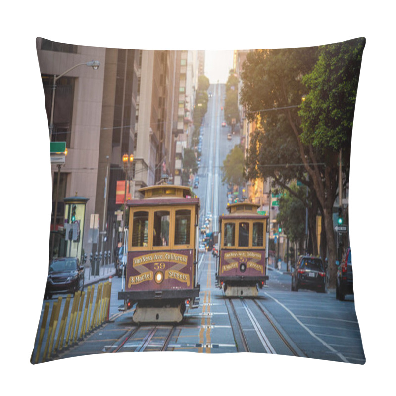 Personality  San Francisco Cable Cars On California Street At Sunrise, California, USA Pillow Covers