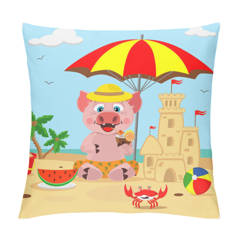 Personality  Pig Builds A Sand Castle On The Beach, Resting On The Sea. Vector Illustration On The Theme Of Rest On The Sea. Pillow Covers