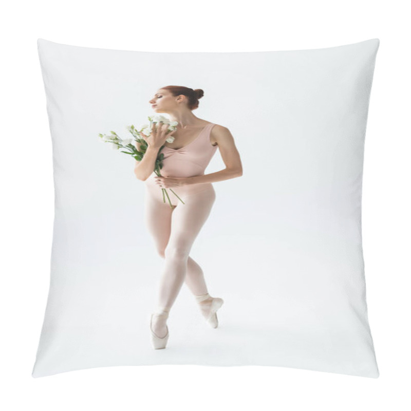 Personality  Full Length Of Ballerina In Bodysuit Holding Flowers Isolated On White  Pillow Covers