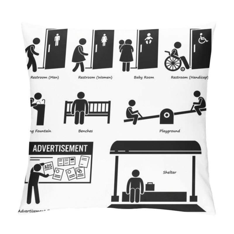 Personality  Public Amenities And Facilities Such As Toilet, Drinking Fountain, Benches, Playground, Advertisement Board, And Shelter Pillow Covers