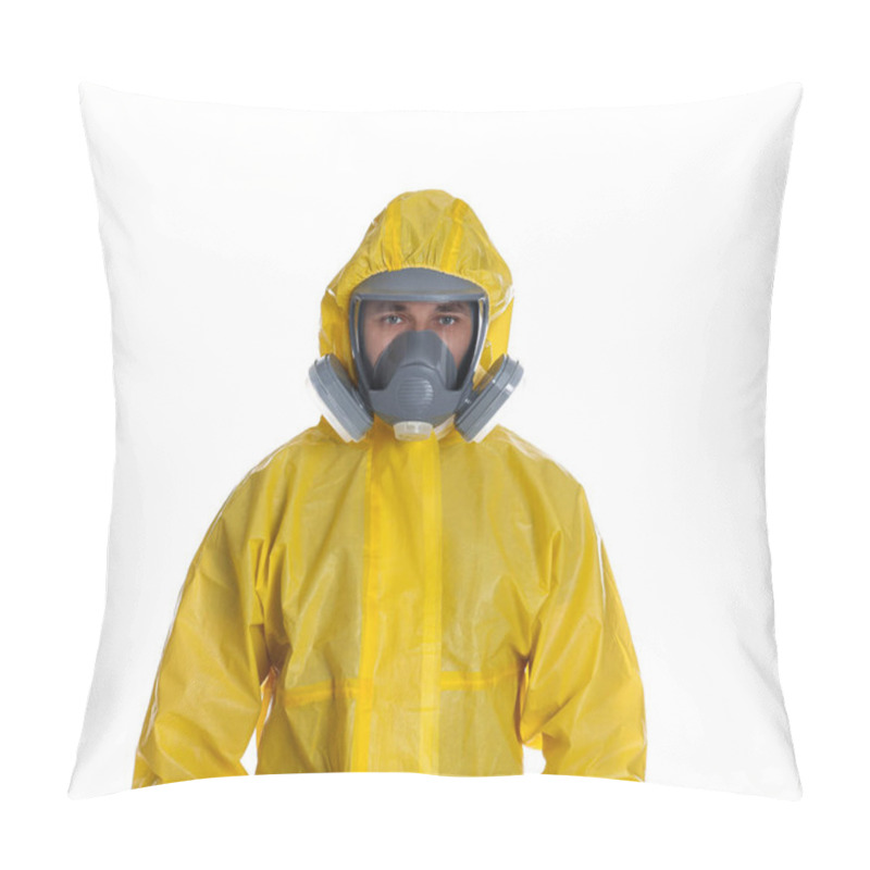 Personality  Man Wearing Chemical Protective Suit On White Background. Prevention Of Virus Spread Pillow Covers