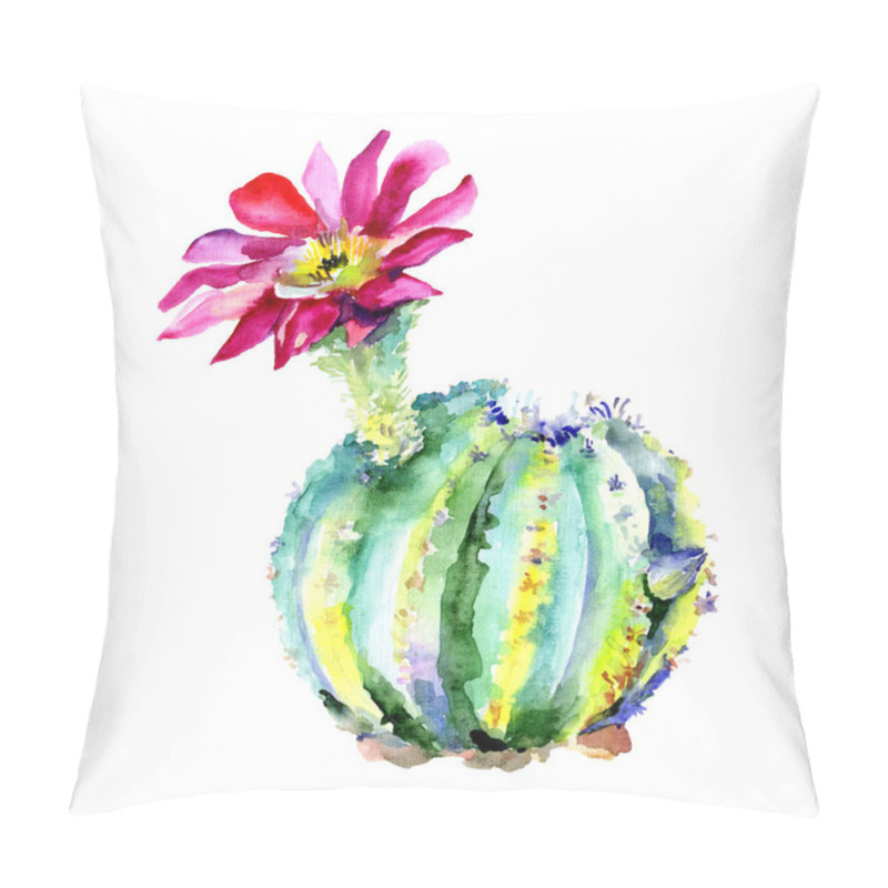 Personality  Green Cactus With Pink Flower. Watercolour Drawing Fashion Aquarelle Isolated. Isolated Cacti Illustration Element. Pillow Covers