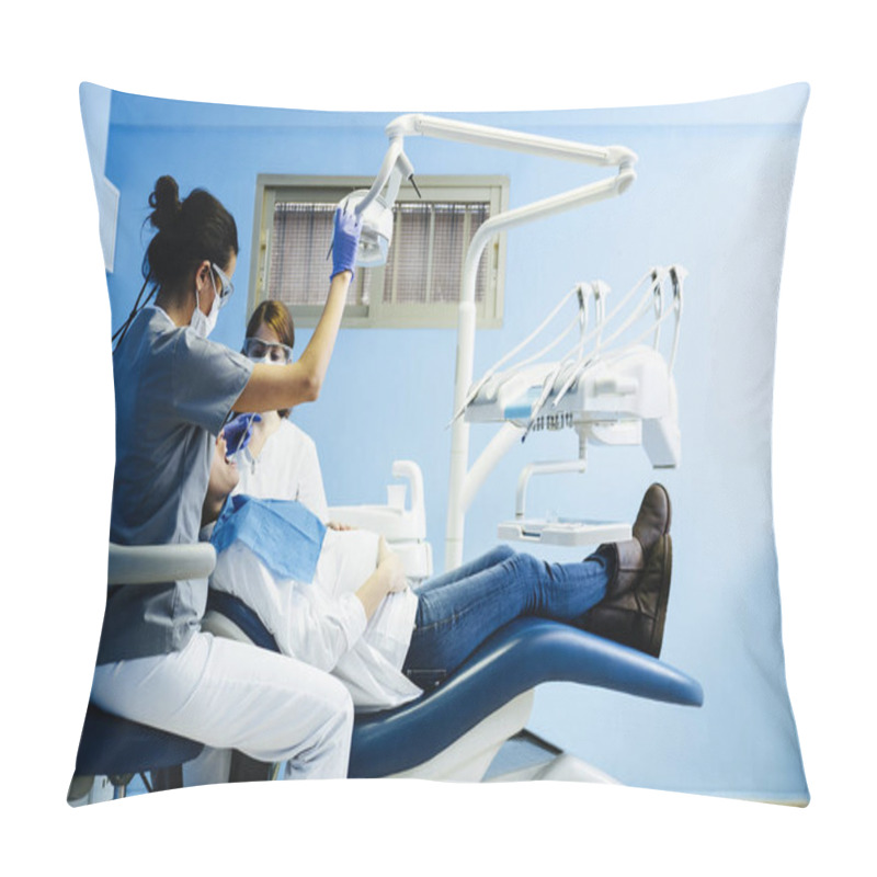 Personality  Dentists With A Patient During A Dental Intervention. Pillow Covers