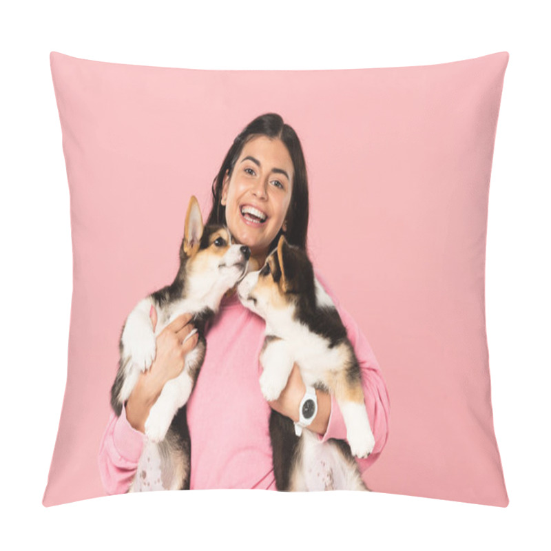 Personality  Cheerful Young Woman Holding Welsh Corgi Puppies, Isolated On Pink Pillow Covers