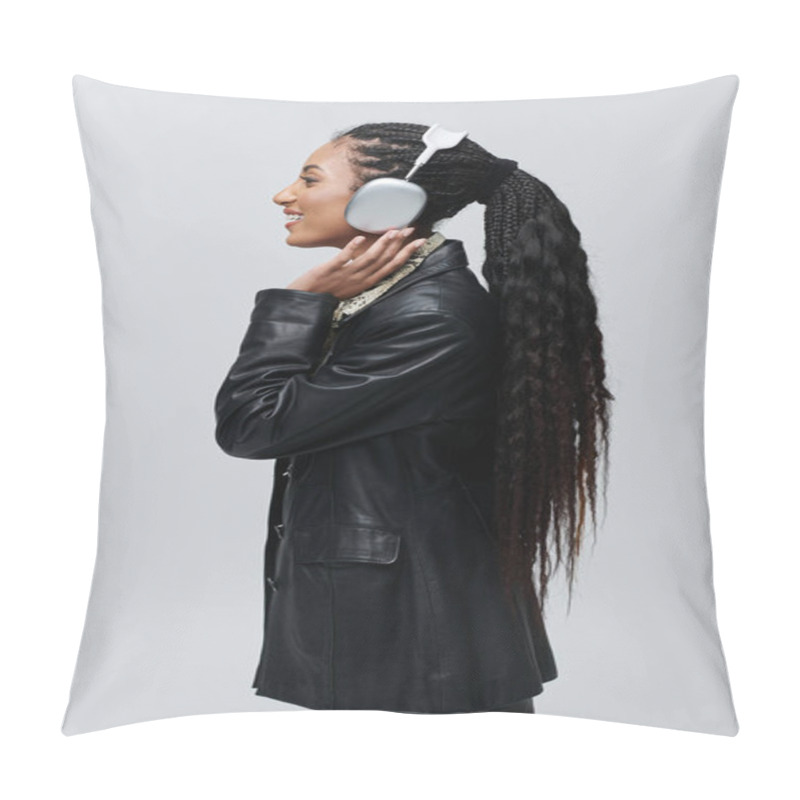 Personality  A Young Woman In A Black Leather Jacket And Animal Print Shirt Poses Against A Grey Background, Headphones On, Listening To Music. Pillow Covers