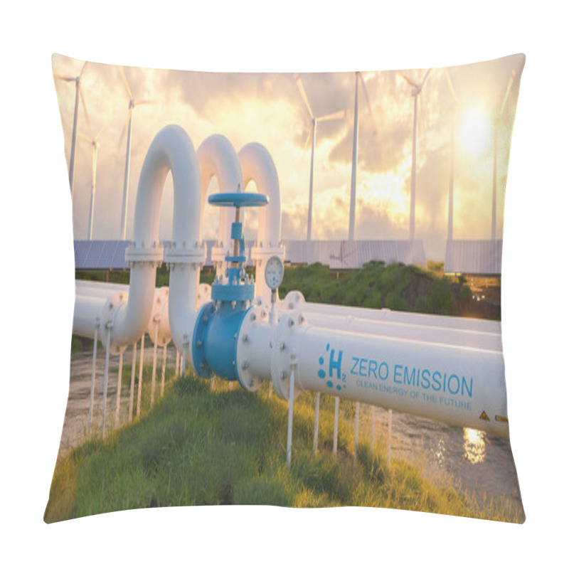 Personality  A Hydrogen Pipeline With Wind Turbines And Solar Panel Power Plants In The Background. Transformation Of The Energy Sector Towards To Ecology Zero Emission Concept Image Pillow Covers