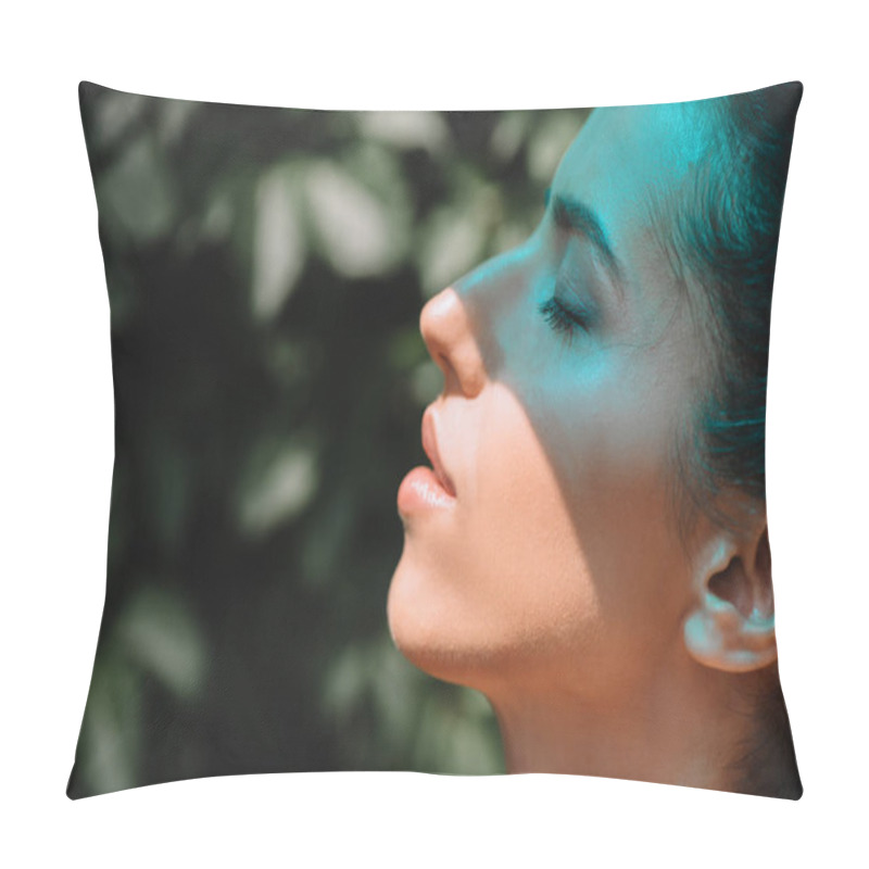 Personality  Side View Of Blue Lightning On Beautiful Woman With Closed Eyes  Pillow Covers