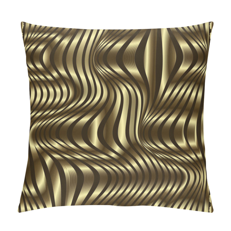 Personality  Waves Gold 3d Trendy Vector Seamless Pattern. Modern Textured Ornamental Wavy Lines Background. Striped Repeat Gold And Black Backdrop. Abstract Geometric Surface Ornament With Optical Illusion Effect Pillow Covers