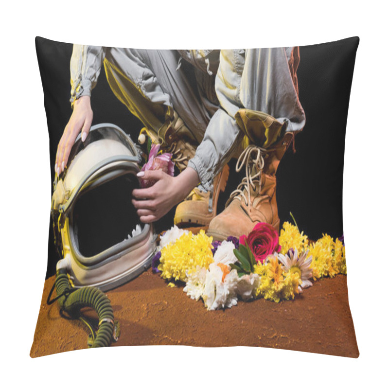 Personality  Cropped View Of Astronaut In Spacesuit With Flowers And Helmet Sitting On Mars  Pillow Covers