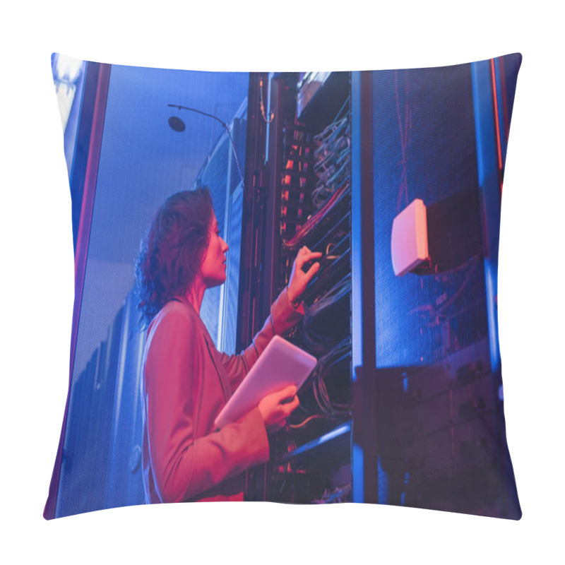 Personality  Young Technician Holding Digital Tablet While Checking Wires In Server In Data Center Pillow Covers