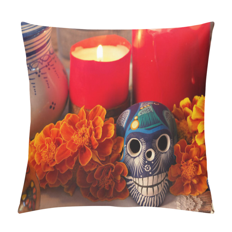 Personality  Spanish Mexican Traditional Autumn Festival Day Of The Dead Typical Mexican Skull With Flowers Painted On Green Background , Decorations And Marigold Flowers And Candle With Offerings Concept Copy Space Pillow Covers