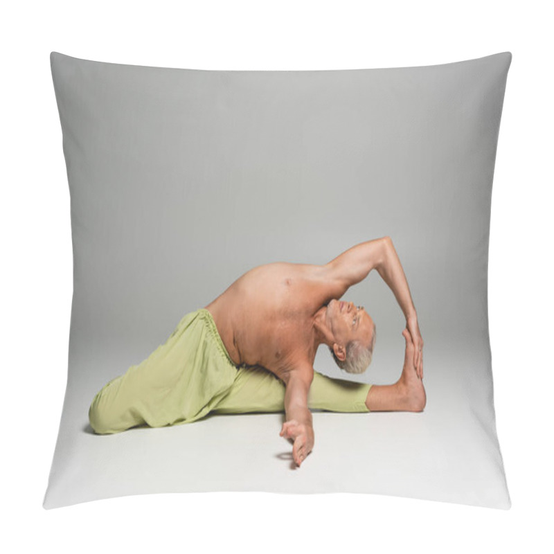 Personality  Shirtless Man In Pants Doing Seated Gate Yoga Pose On Grey Background  Pillow Covers