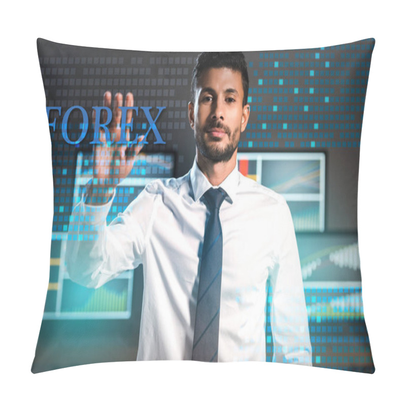 Personality  Bi-racial Trader Gesturing And Looking At Camera Near Forex Letters  Pillow Covers