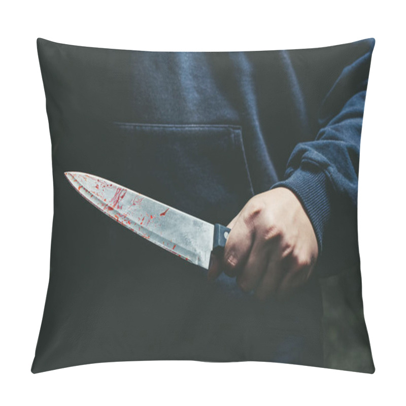 Personality  A Man With A Bloody Knife In His Hand Close Up. Pillow Covers