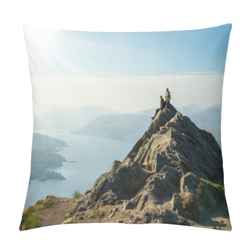 Personality  Two Female Hikers On Top Of The Mountain Enjoying Valley View, Ben A'an, Loch Katrine, Highlands, Scotland, UK Pillow Covers