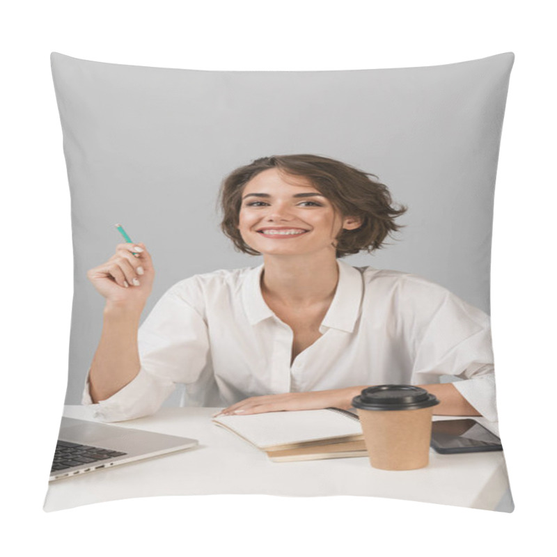 Personality  Image Of Young Happy Cheerful Business Woman Posing Isolated Over Grey Wall Background Sitting At The Table Using Laptop. Pillow Covers