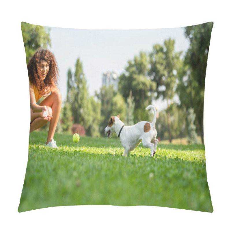 Personality  Selective Focus Of Young Woman Woman Playing And Looking At Dog Pillow Covers