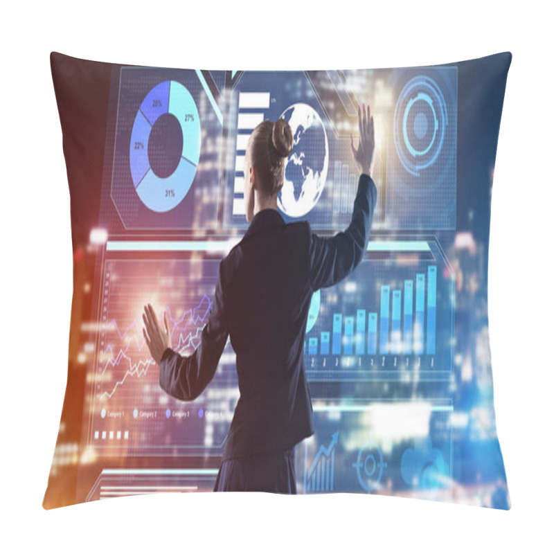 Personality  Back View Of Businesswoman Working With Virtual Panel And Night City At Background Pillow Covers