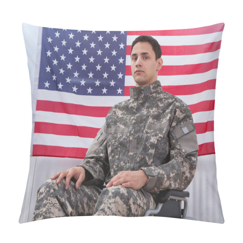 Personality  Patriotic Soldier Sitting On Wheel Chair Against American Flag Pillow Covers