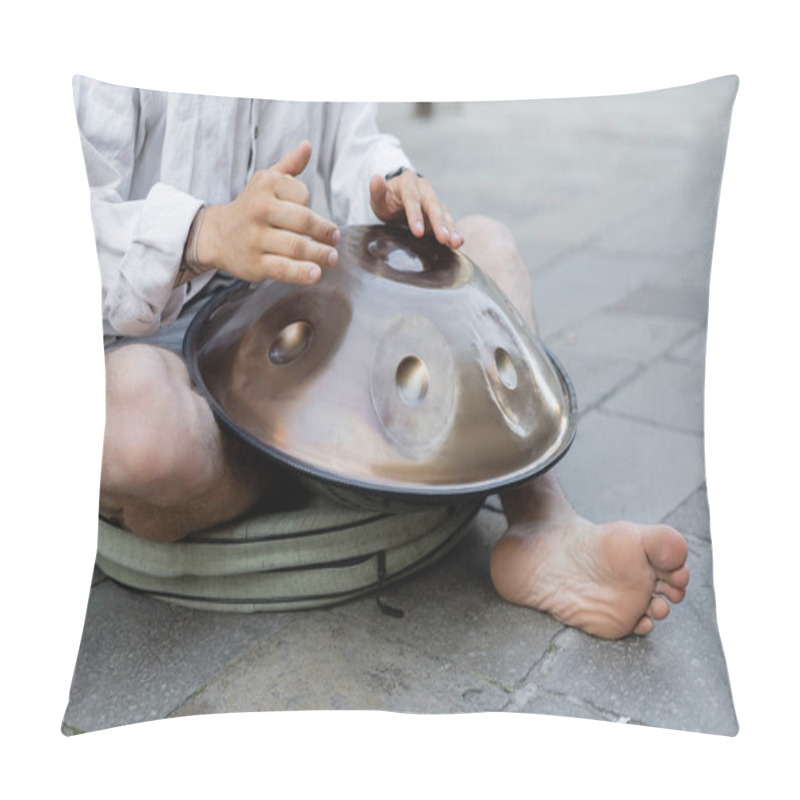 Personality  Cropped View Of Barefoot Man Playing Hang Drum On Urban Street  Pillow Covers