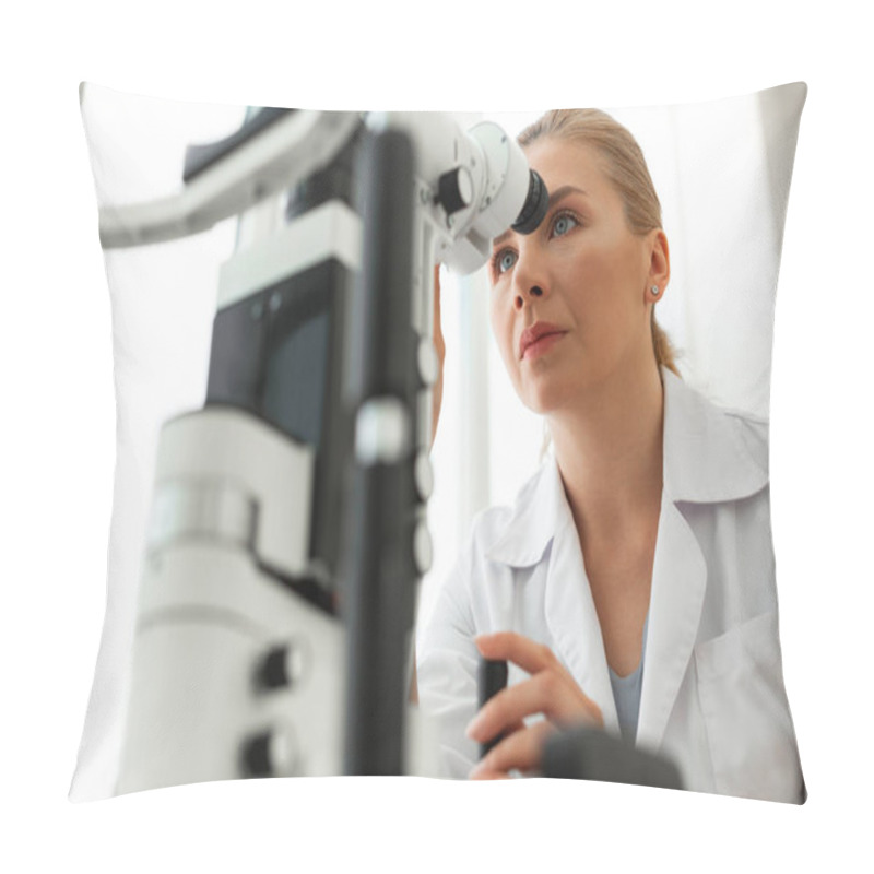 Personality  Attentive Blonde Oculist Working With Innovative Technique Pillow Covers